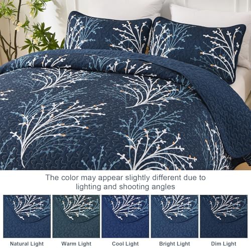 Navy Queen Quilt Set with Reversible Floral Design