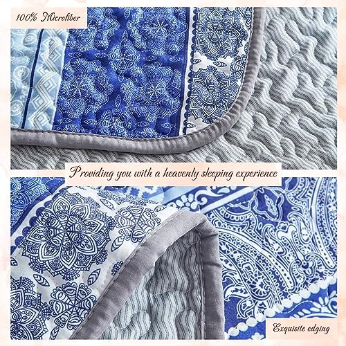 3 Piece Bohemian Quilt Set King Size Blue Grey Striped