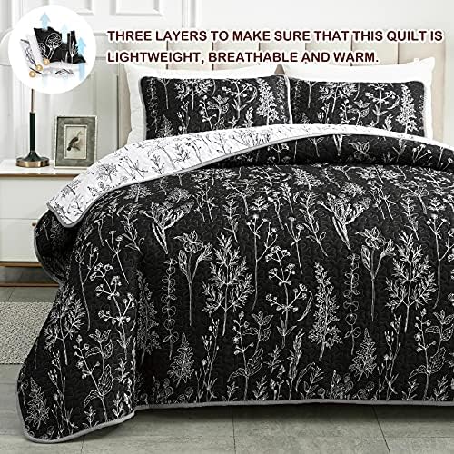 Joyreap 3 Piece Quilt Set Full Queen Black White Reversible