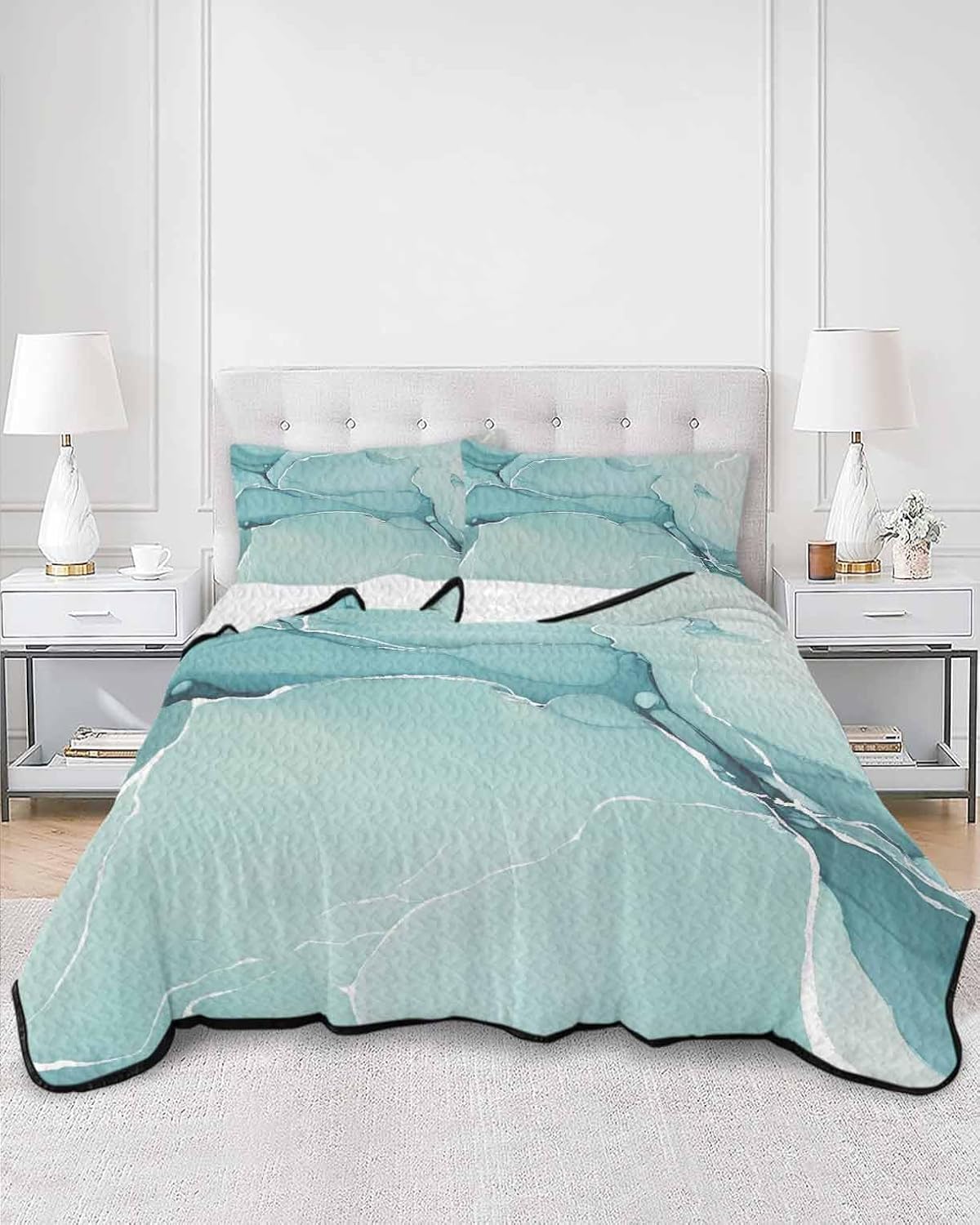 PRINT PICTURE ARTHOME Twin XL Blue Marble Quilt Set with Pillow Covers