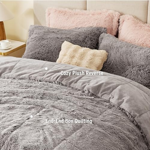 Intelligent Design Shaggy Comforter Set Faux Fur Down Alternative Grey 3 Piece