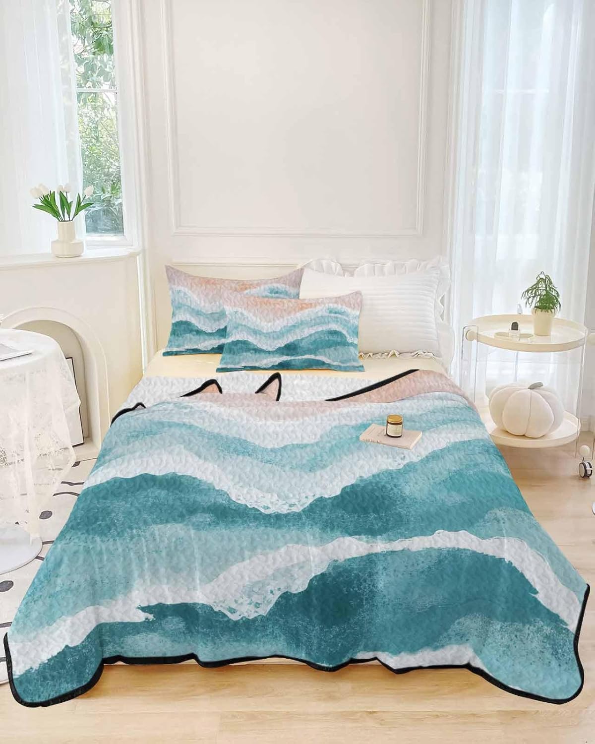 Teal Green Coastal Quilt Set Twin XL with Pillow Covers