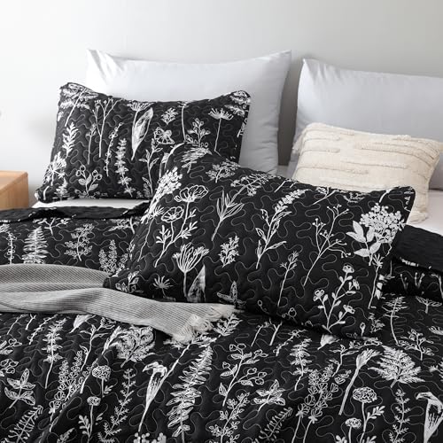 JANZAA Queen Size Quilt Set with Floral Pattern - Black 1