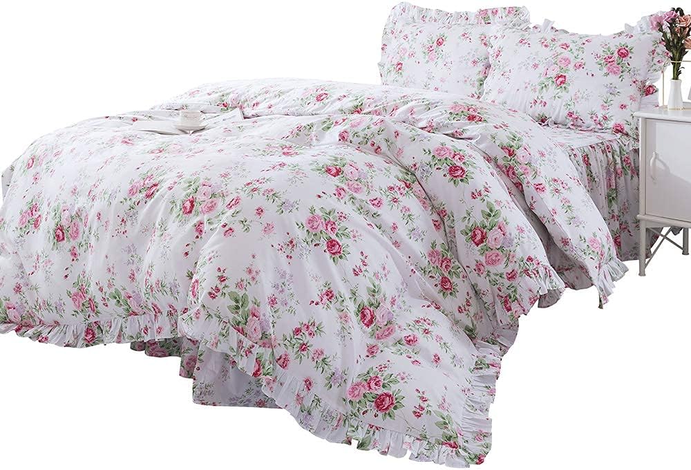 FADFAY 4-Piece Premium Cotton Bedding Set with Pink Rose Print