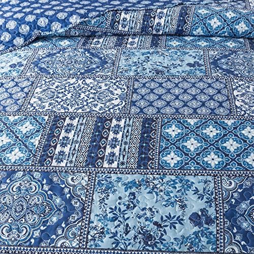 HoneiLife King Quilt Set - 3 Piece Blue Floral Bedding