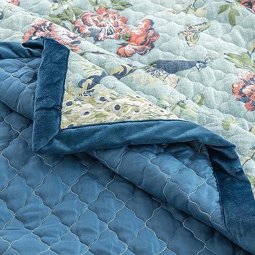 Benjara Eden Twin XL Quilt Set Peacock and Songbirds Microfiber Green and Blue