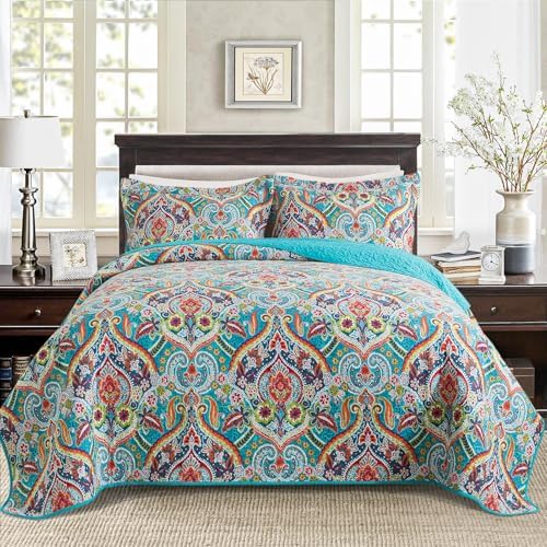 BEDISELY Queen Size Quilt Set - Teal Damask Reversible Bedspread Blanks