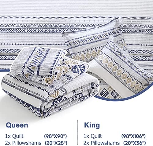Finlonte Boho Quilt Set Queen Size 3 PCS White Navy Striped