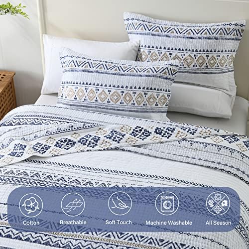 Finlonte Boho Quilt Set Queen Size 3 PCS White Navy Striped