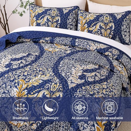 Navy Damask Quilt Set King 3Pcs Microfiber