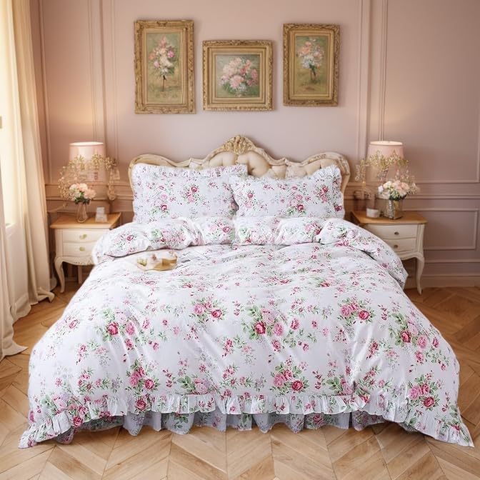 FADFAY 4-Piece Premium Cotton Bedding Set with Pink Rose Print