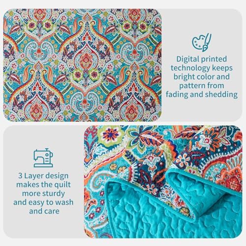 BEDISELY Queen Size Quilt Set - Teal Damask Reversible Bedspread Blanks