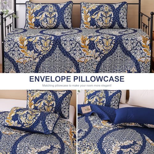Navy Damask Quilt Set King 3Pcs Microfiber