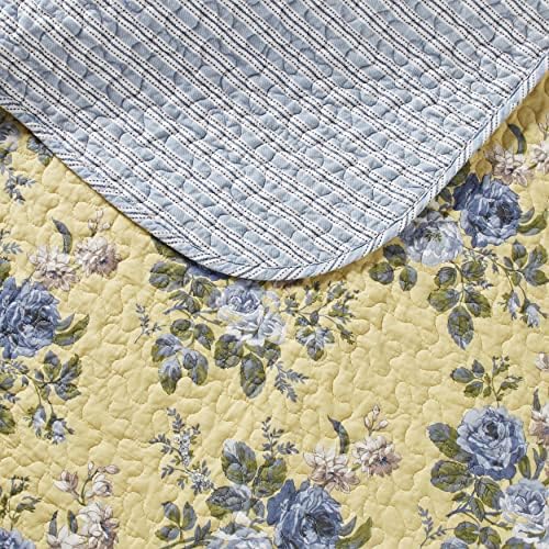 Laura Ashley Twin Quilt Set - Linley Yellow Reversible Cotton Bedding with Matching Sham
