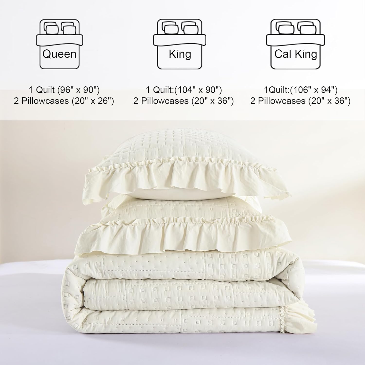 DJY Beige Ruffled Quilt Set 3 Pieces All Season