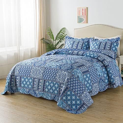HoneiLife King Quilt Set - 3 Piece Blue Floral Bedding