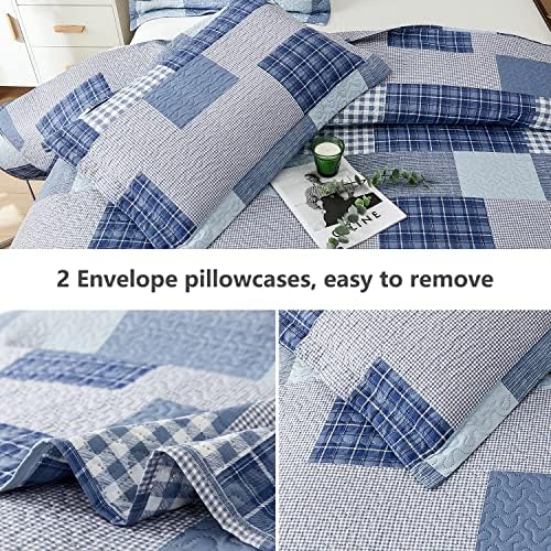 Jarson Light Blue Plaid Quilt Set 3Pcs King Size Reversible