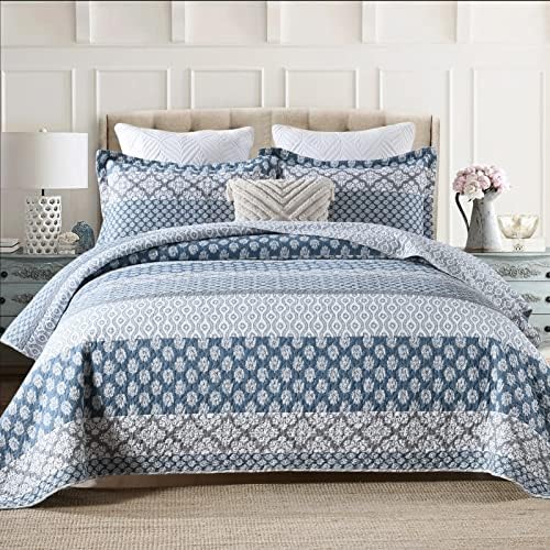 DDUOXIN Floral Quilt Set - Reversible Cotton King Quilt with 2 Pillow Shams
