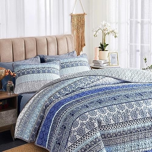 3 Piece Bohemian Quilt Set King Size Blue Grey Striped