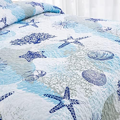 Dinjoy Coastal Quilt Set Queen Size Blue Ocean Theme