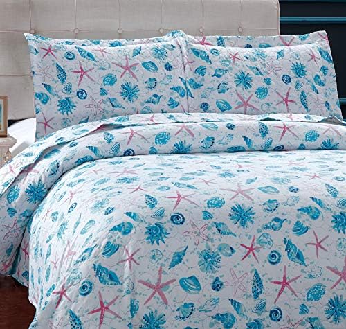 Pink Starfish Aqua Beach Quilt Set - Reversible Lightweight Bedding