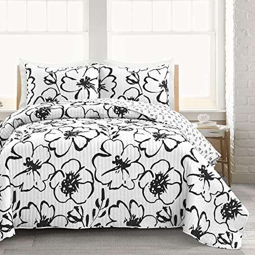 Lush Decor Scandinavian Floral Quilt Set FullQueen Black White