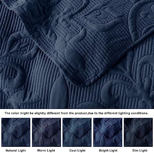 B2EVER Navy Blue Damask Quilt Queen Set with 2 Pillow Shams