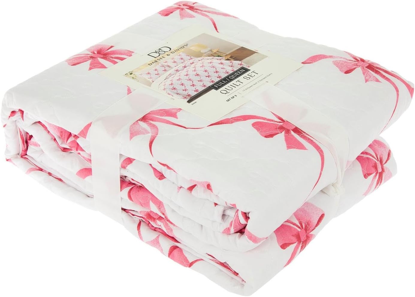 Pink Bow Quilt Set with 2 Shams Twin XL