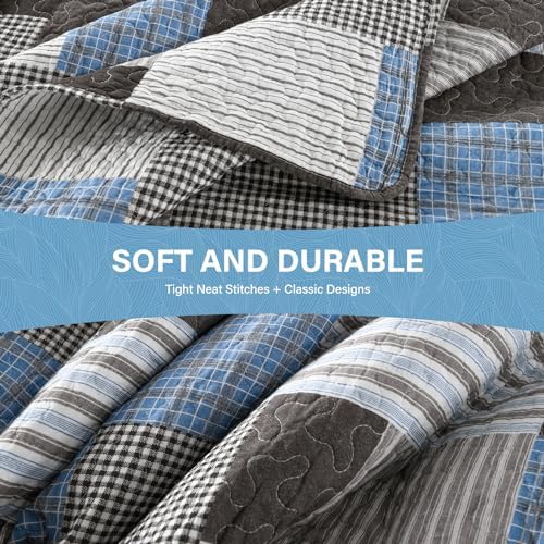 SahSahCasa King Size Quilt Set 3Pcs Taupe Blue White