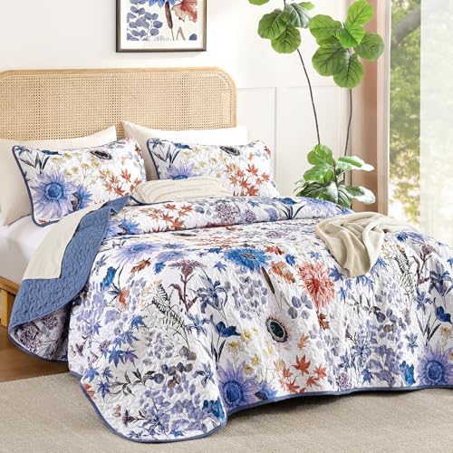 Yiran Blue Floral Queen Quilt Set 3-Piece