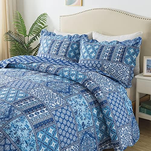 HoneiLife King Quilt Set - 3 Piece Blue Floral Bedding
