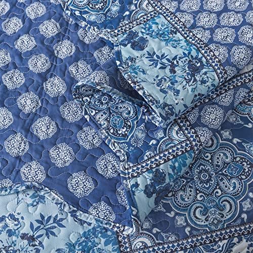 HoneiLife King Quilt Set - 3 Piece Blue Floral Bedding