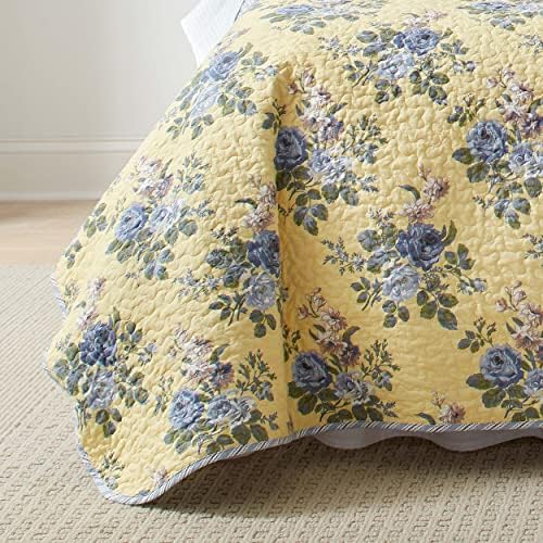 Laura Ashley Twin Quilt Set - Linley Yellow Reversible Cotton Bedding with Matching Sham