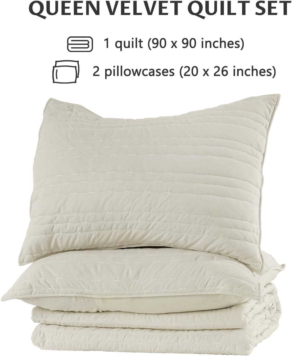 KASENTEX Queen Quilt Set 3 Pieces with Pillow Shams Light Khaki Velvet Bedding