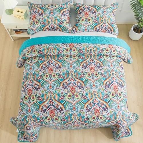BEDISELY Queen Size Quilt Set - Teal Damask Reversible Bedspread Blanks
