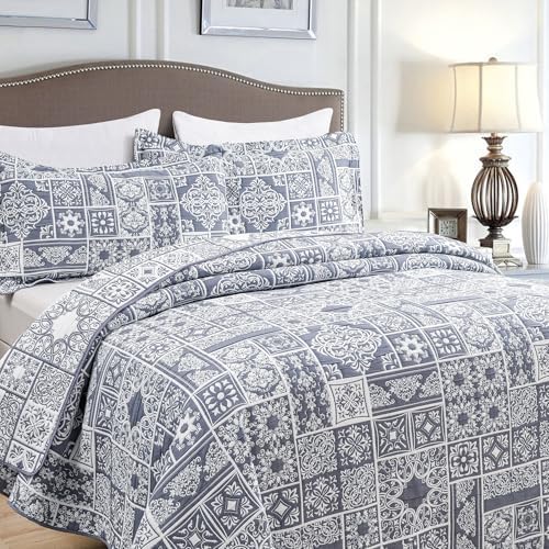 Asuexpect 3 Piece Grey Blue Patchwork Quilt Set King Size