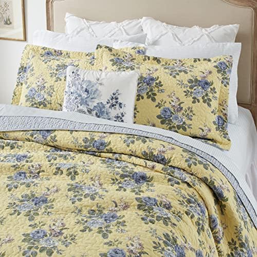 Laura Ashley Twin Quilt Set - Linley Yellow Reversible Cotton Bedding with Matching Sham