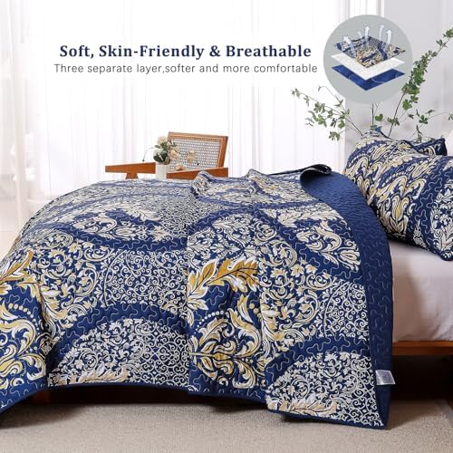 Navy Damask Quilt Set King 3Pcs Microfiber