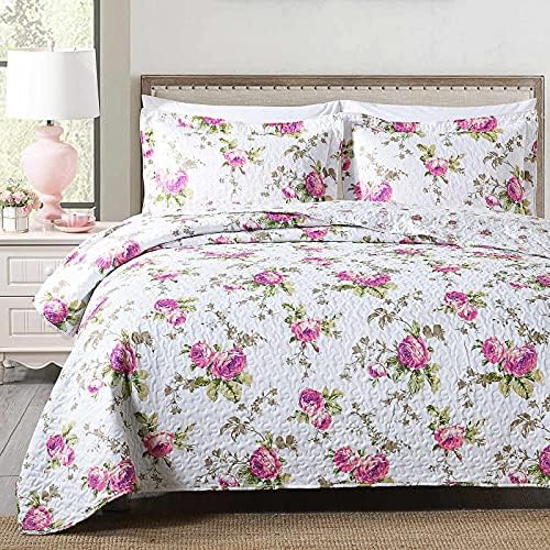 Boryard 3-Piece King Quilt Set with Rose Print