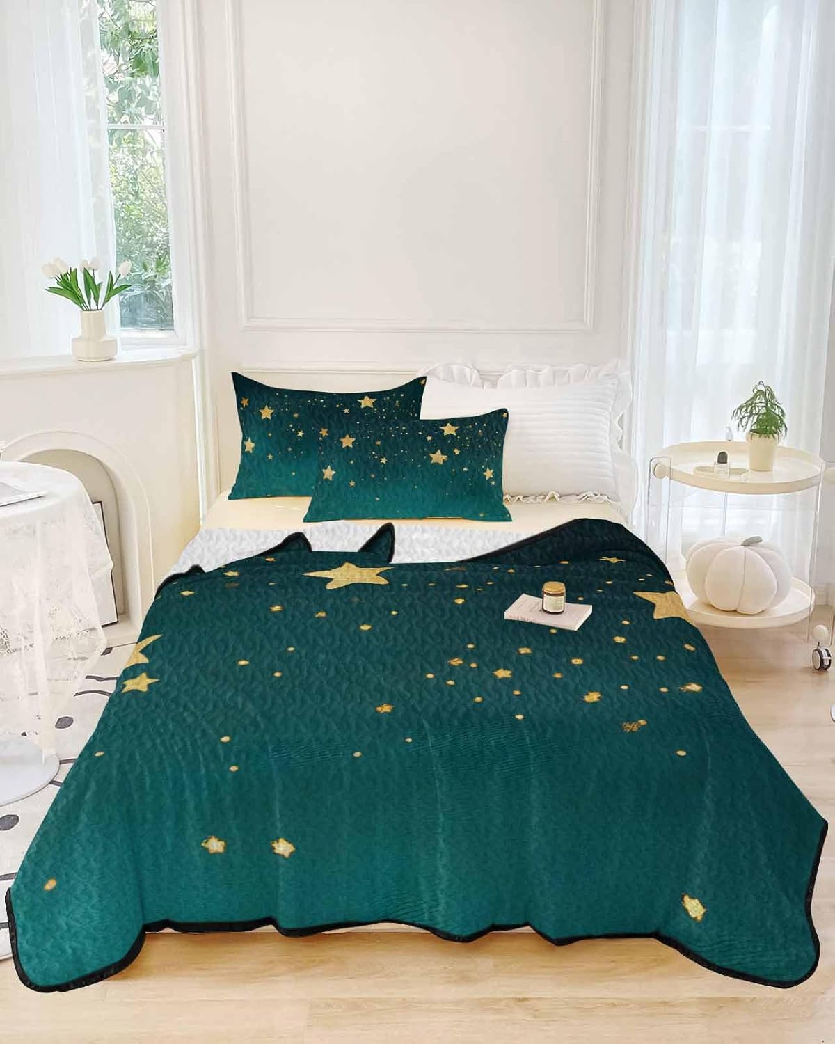 Litter Star Dream Yellow Star on Teal Blue Twin XL Quilt Set