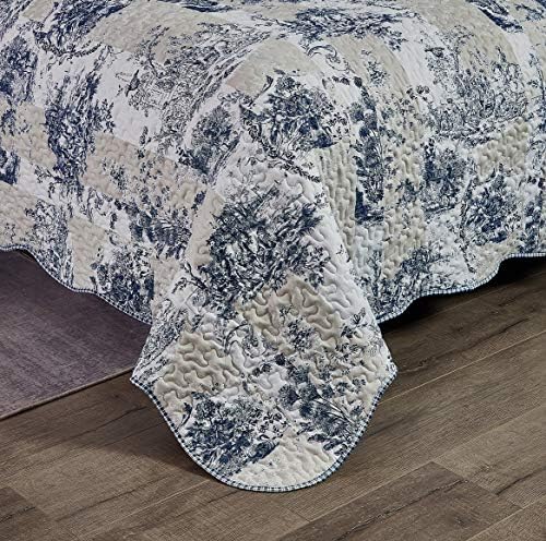 Brilliant Sunshine Blue Toile Quilt Set with 2 Shams