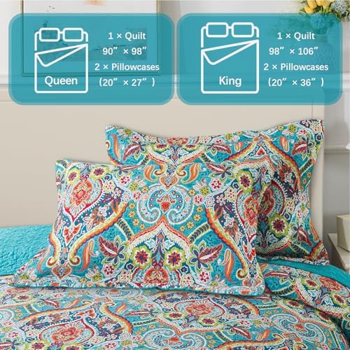 BEDISELY Queen Size Quilt Set - Teal Damask Reversible Bedspread Blanks