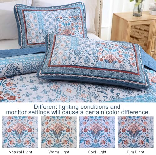 WONGS BEDDING Blue Boho Quilt Set King Size 3 Pieces