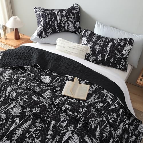 JANZAA Queen Size Quilt Set with Floral Pattern - Black 1