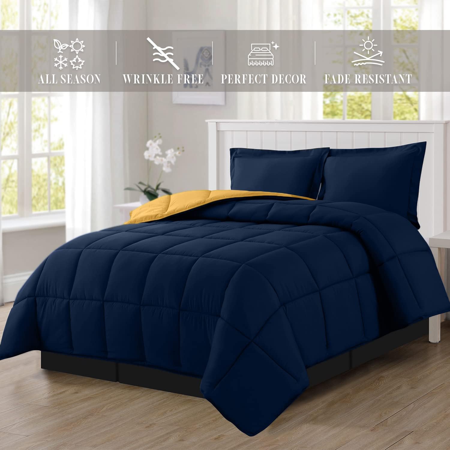 Elegant Comfort 3-Piece Reversible Comforter Set Twin Navy Yellow