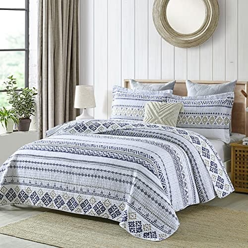 Finlonte Boho Quilt Set Queen Size 3 PCS White Navy Striped