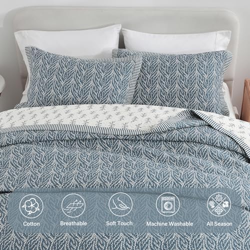 Finlonte Queen Size Cotton Quilt Set - 3 Pcs Grayish BlueWhite