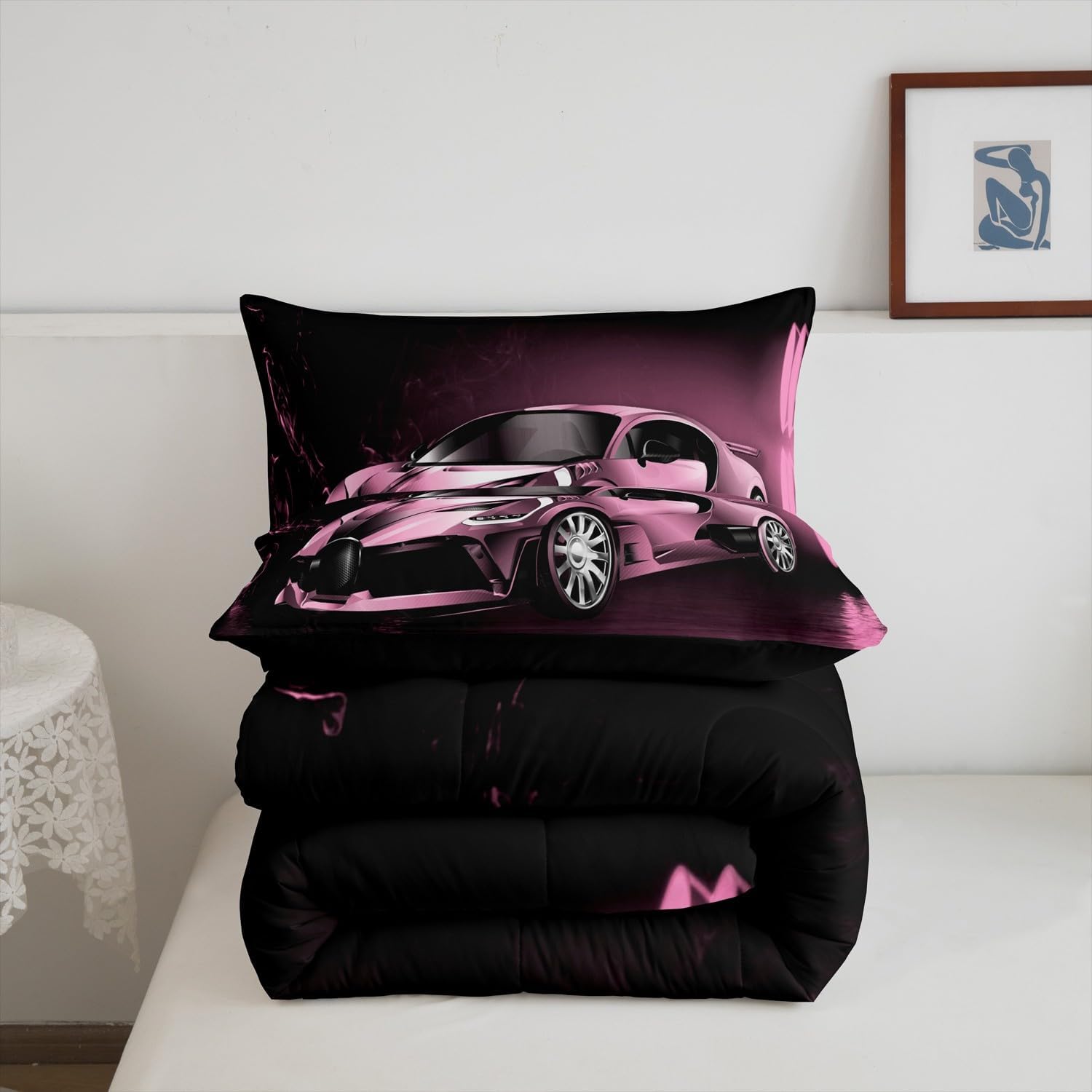 Feelyou Sports Comforter Set Pink Race Car Theme 3Pcs