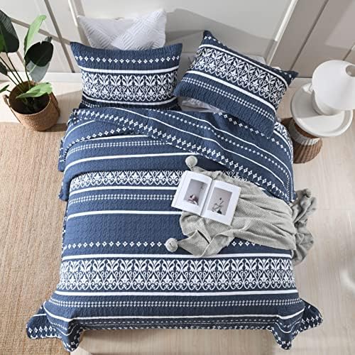 Qiqiong Queen Quilt Set Navy Blue White Striped