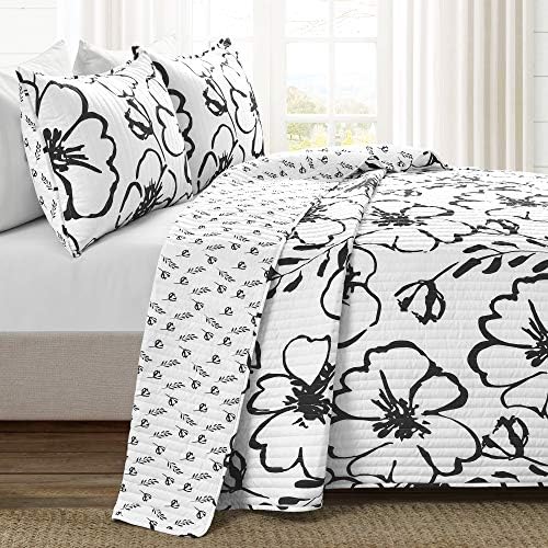 Lush Decor Scandinavian Floral Quilt Set FullQueen Black White